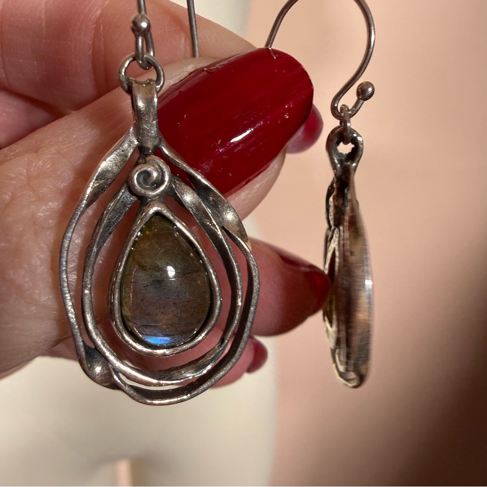 Vintage Sterling silver Israel labradorite brutalist modernist designer earrings - Picture 9 of 14